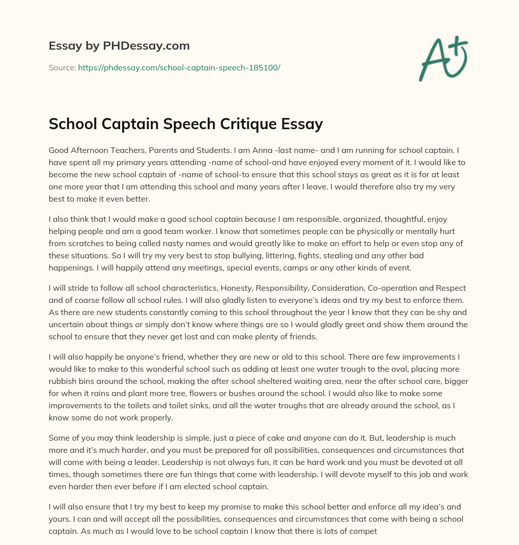 School Captain Speech Critique Essay essay