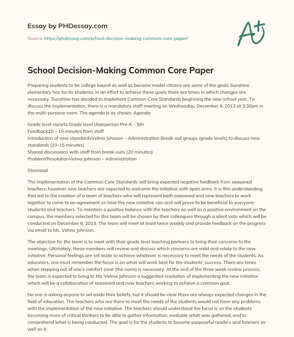 School Decision-Making Common Core Paper essay