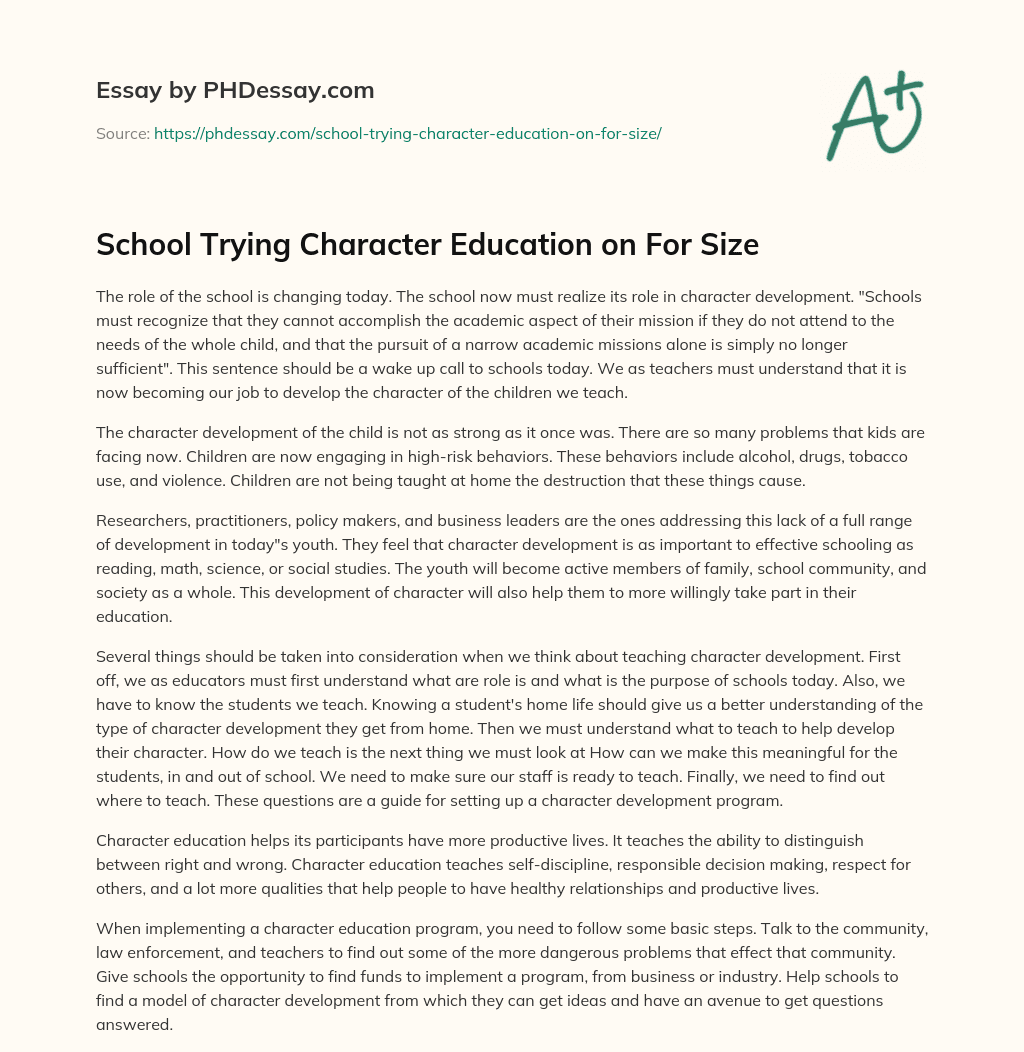 School Trying Character Education on For Size essay