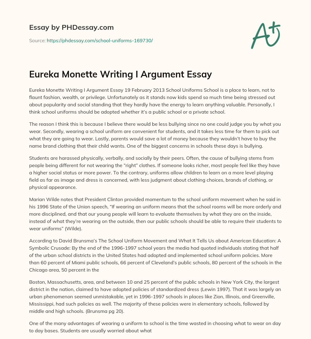 Eureka Monette Writing I Argument Essay essay