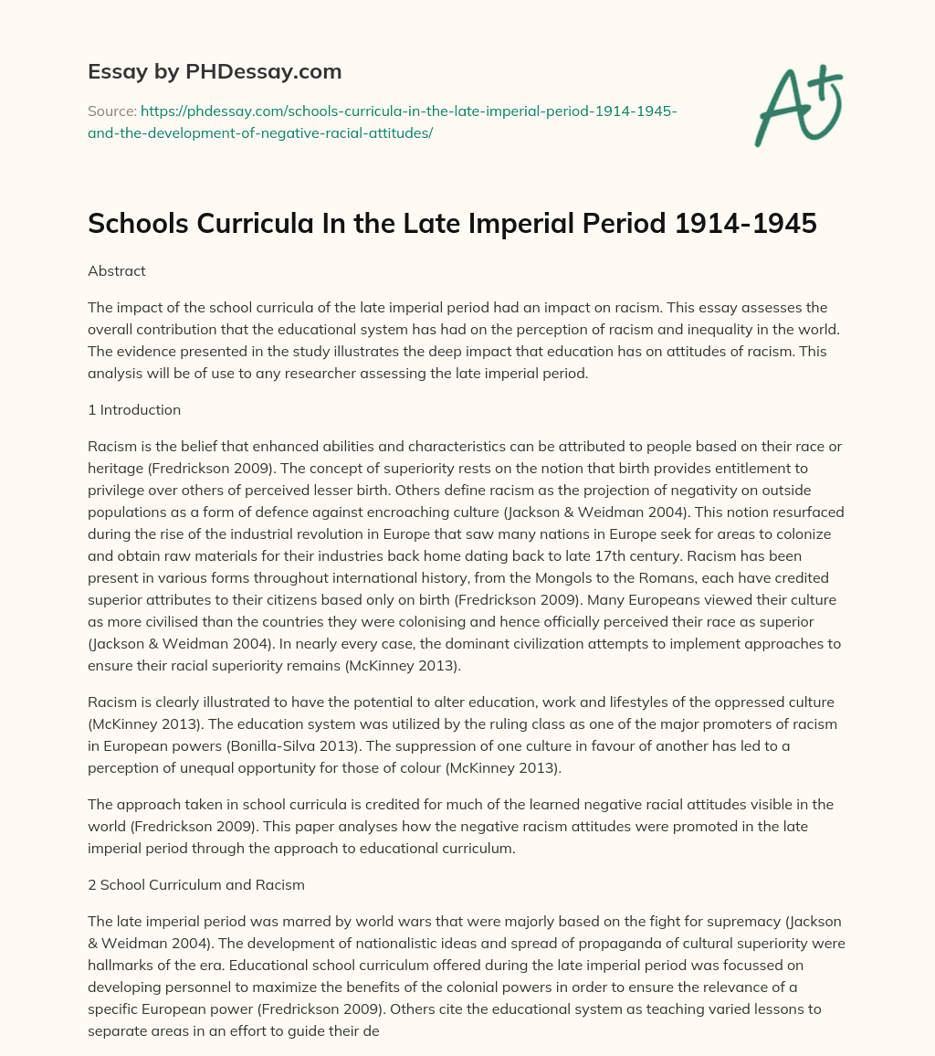 Schools Curricula In the Late Imperial Period 1914-1945 essay