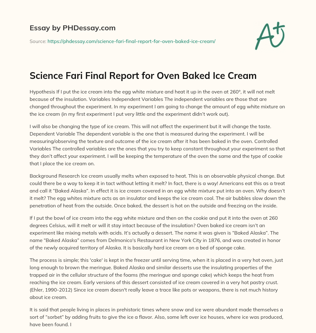 Science Fari Final Report for Oven Baked Ice Cream essay