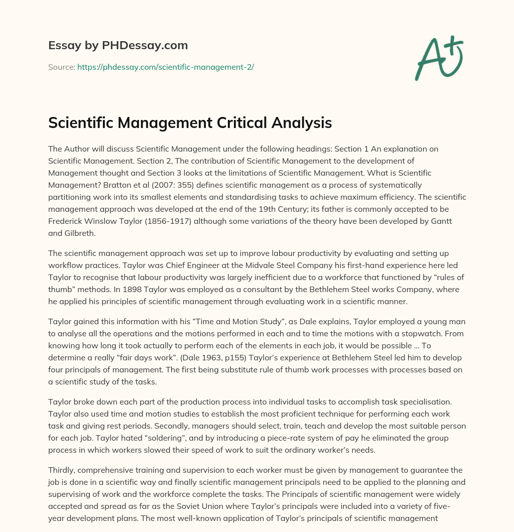 Scientific Management Critical Analysis essay