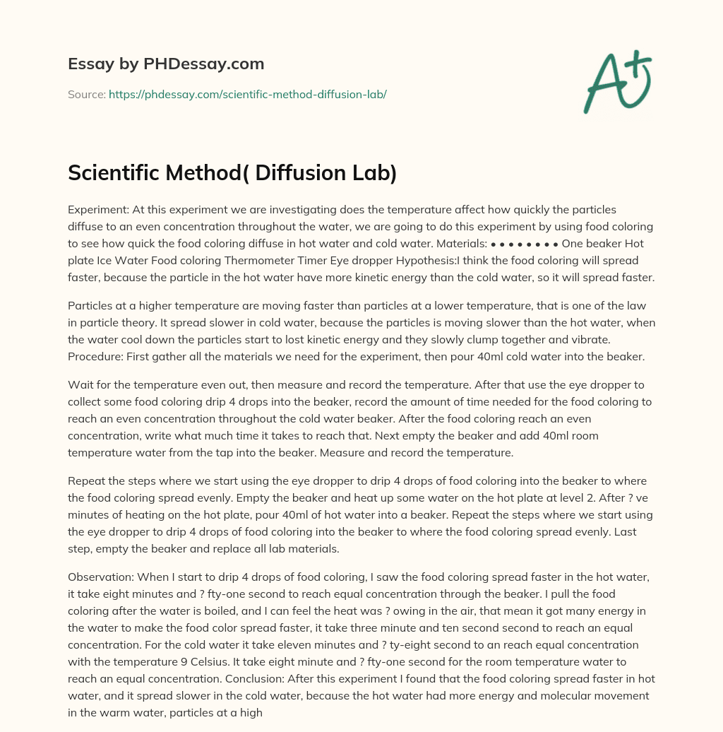 Scientific Method( Diffusion Lab) essay