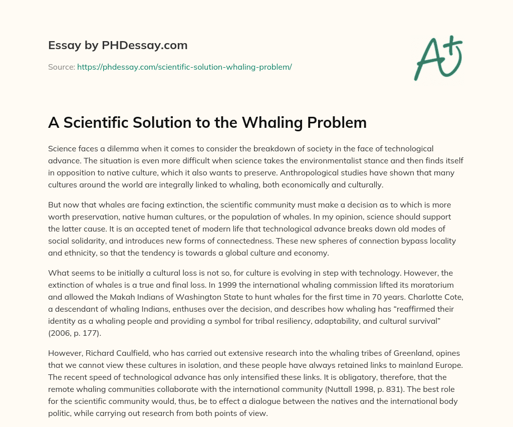 A Scientific Solution to the Whaling Problem essay