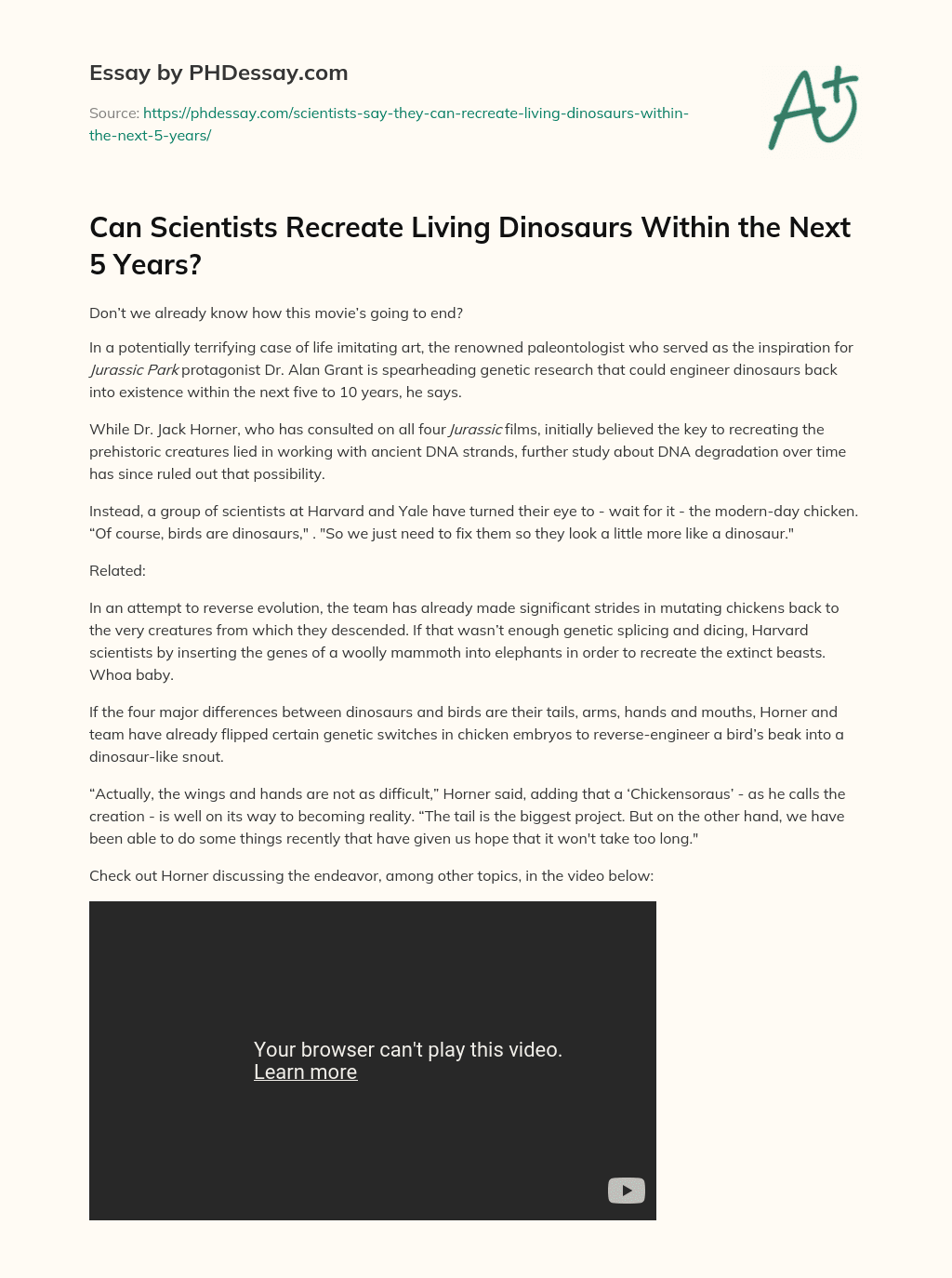Can Scientists Recreate Living Dinosaurs Within the Next 5 Years? essay