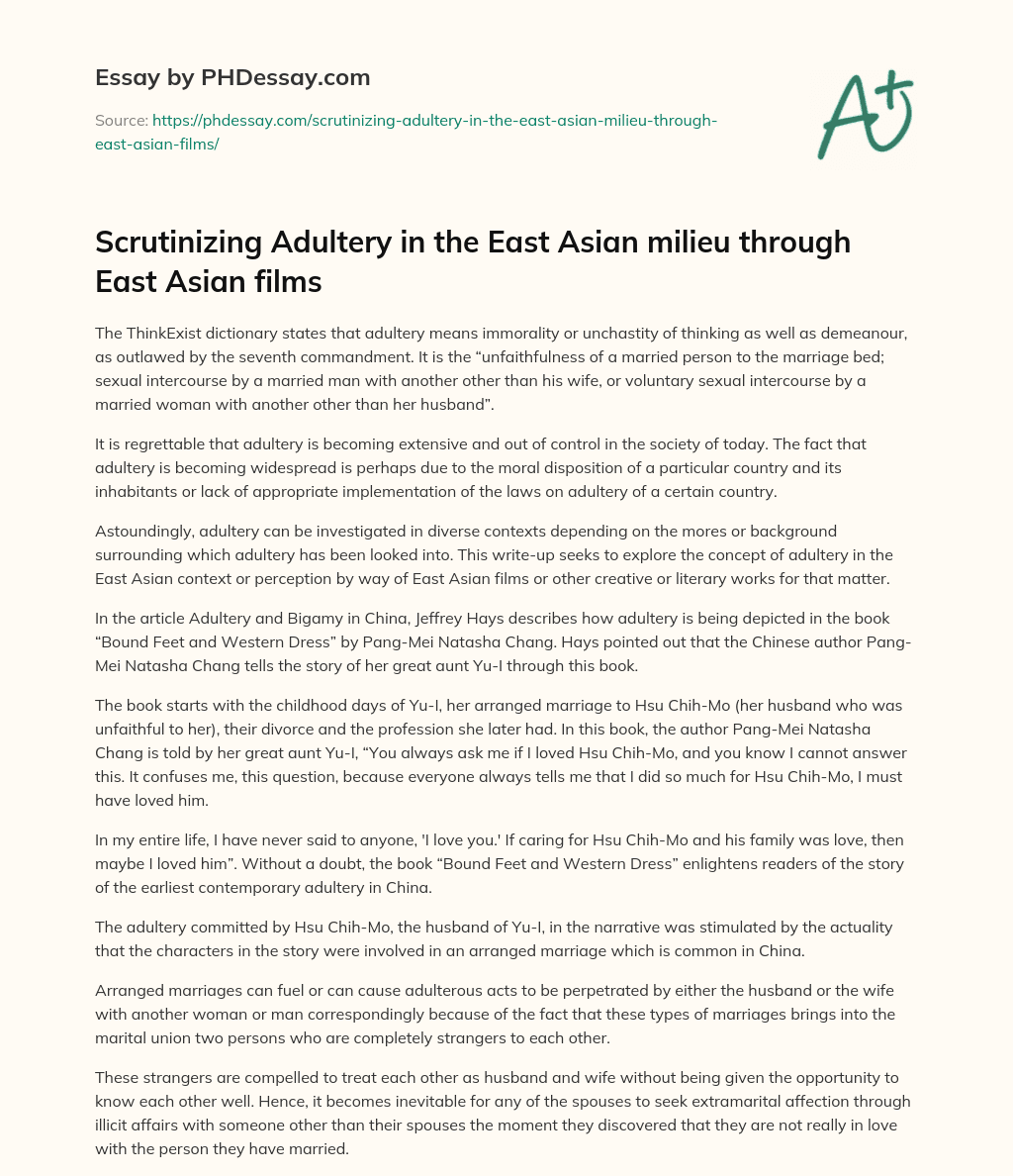 Scrutinizing Adultery in the East Asian milieu through East Asian films essay