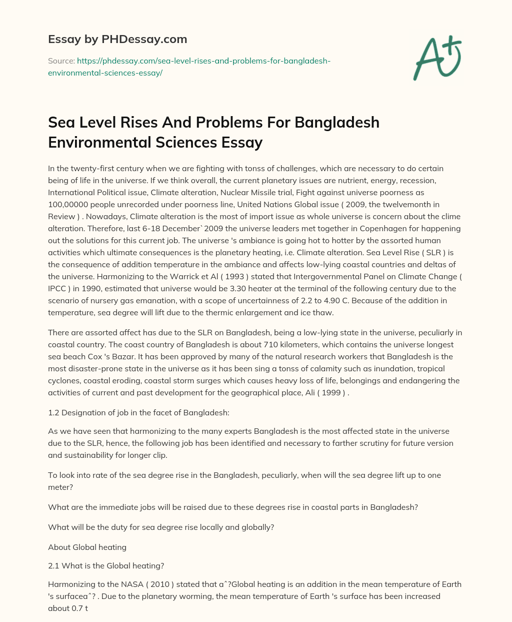 Sea Level Rises And Problems For Bangladesh Environmental Sciences Essay essay