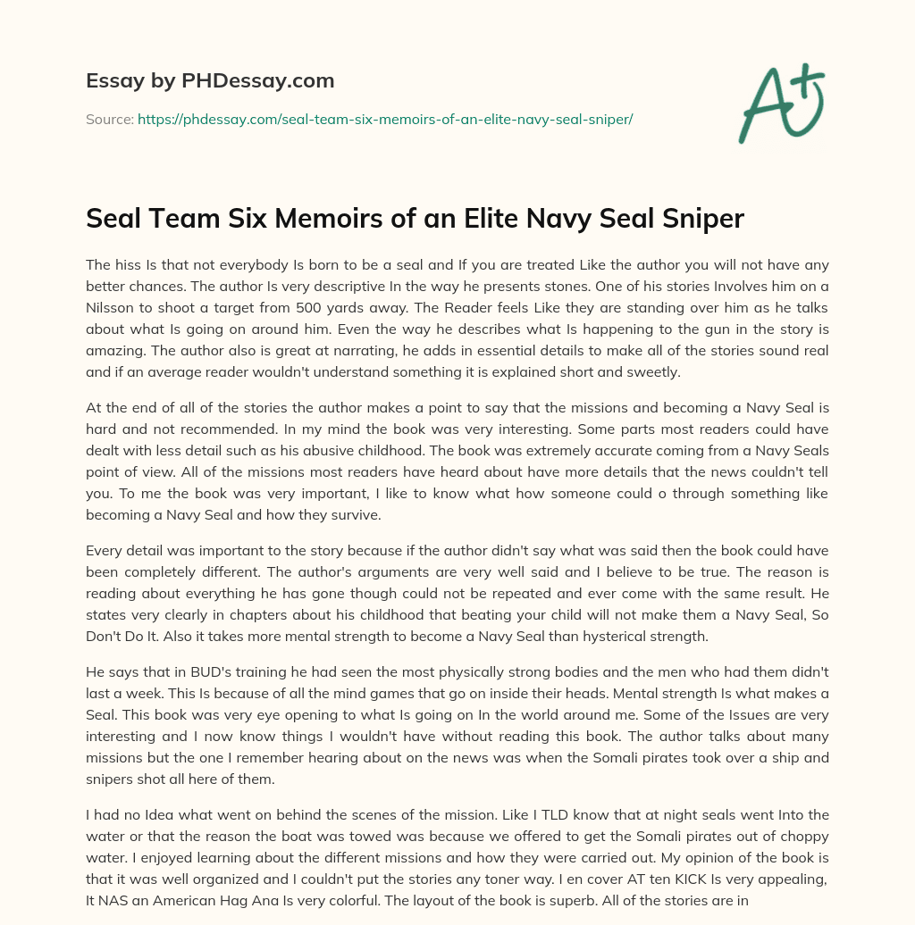 Seal Team Six Memoirs of an Elite Navy Seal Sniper essay