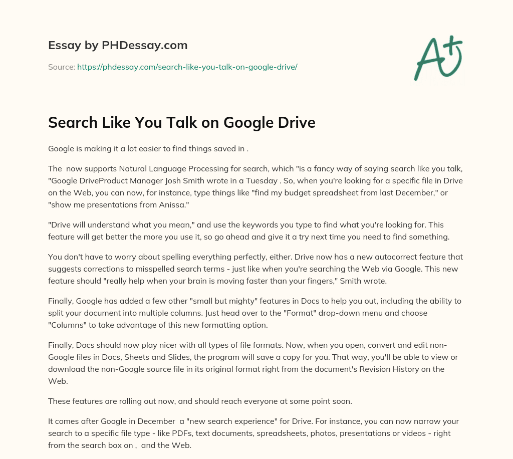 Search Like You Talk on Google Drive essay