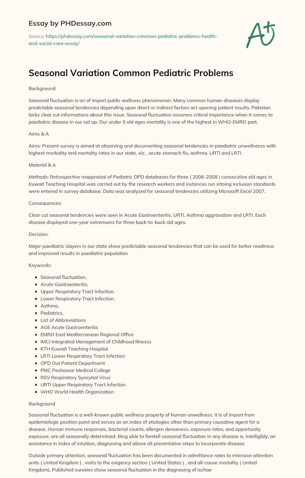 Seasonal Variation Common Pediatric Problems essay
