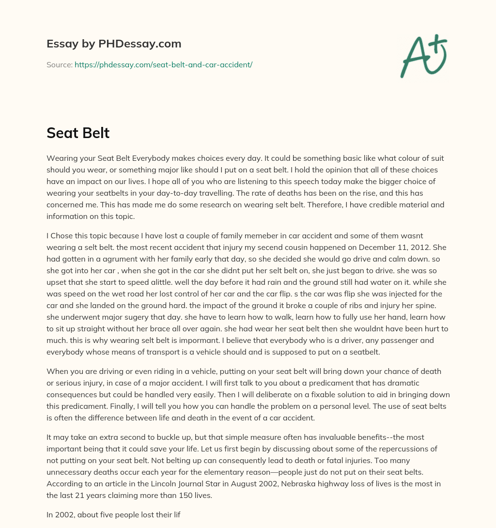 The Importance of Wearing a Seat Belt: Personal Experience and Research essay