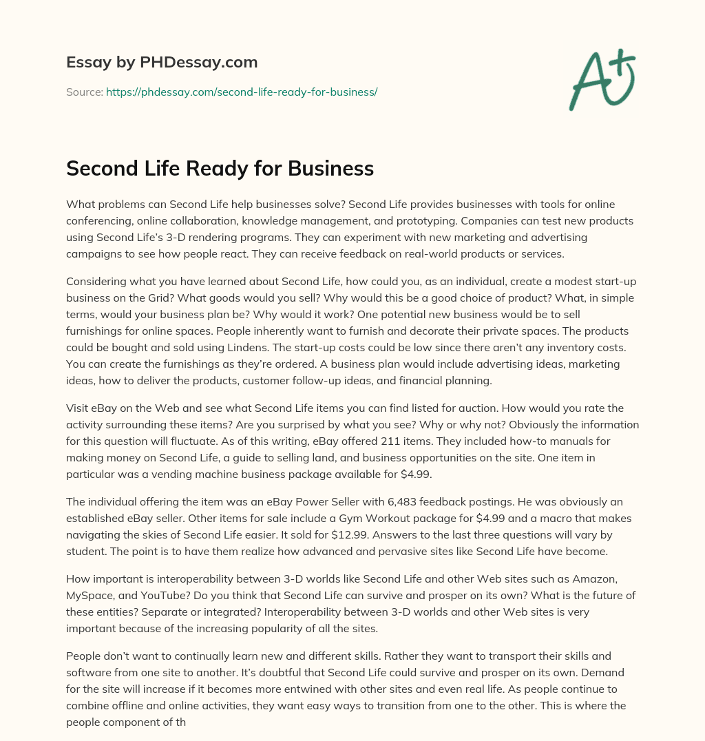 Second Life Ready for Business essay