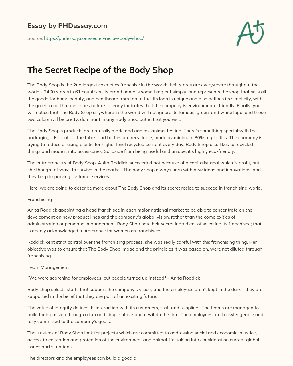 The Secret Recipe of the Body Shop essay