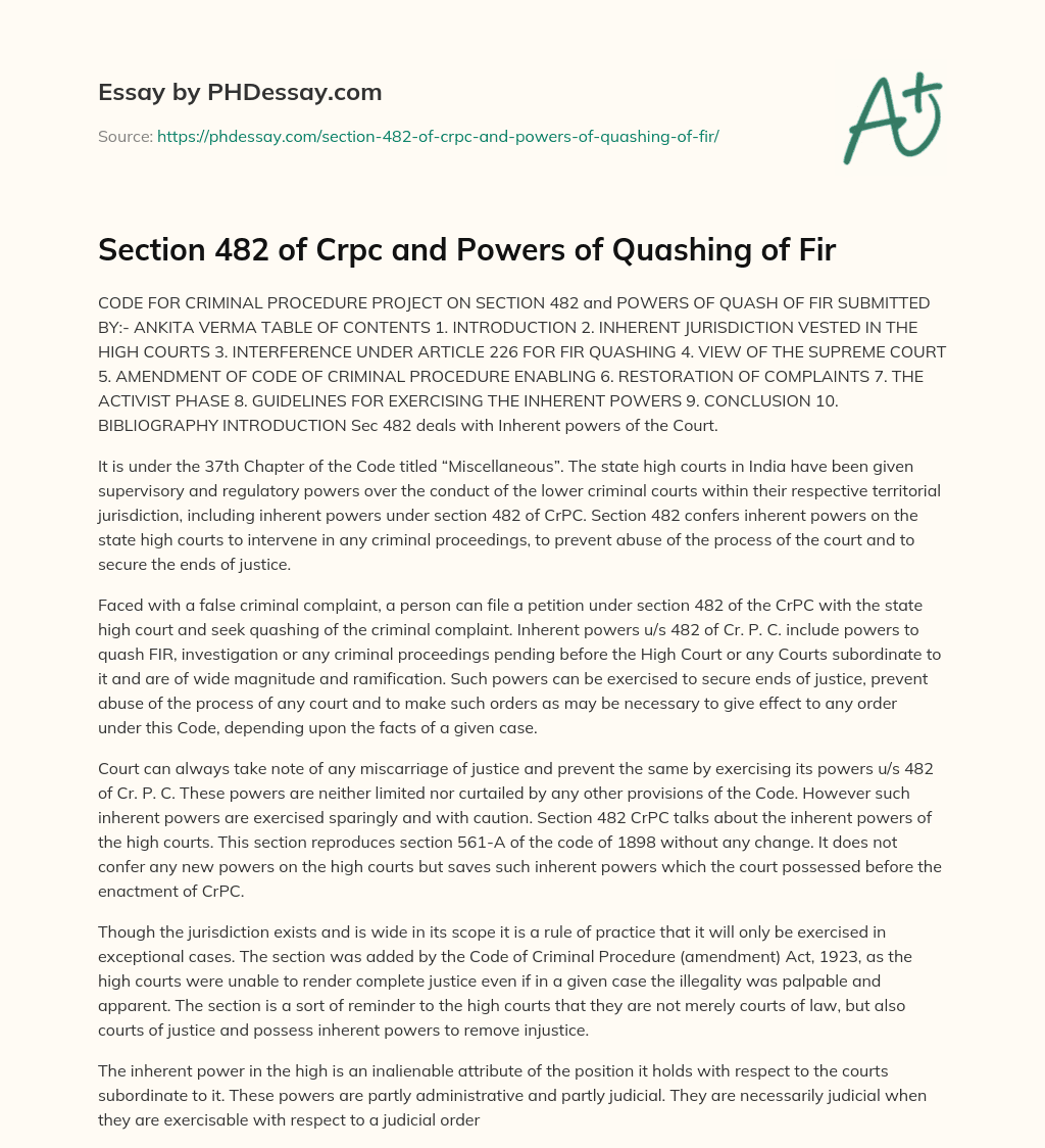 Section 482 of Crpc and Powers of Quashing of Fir
