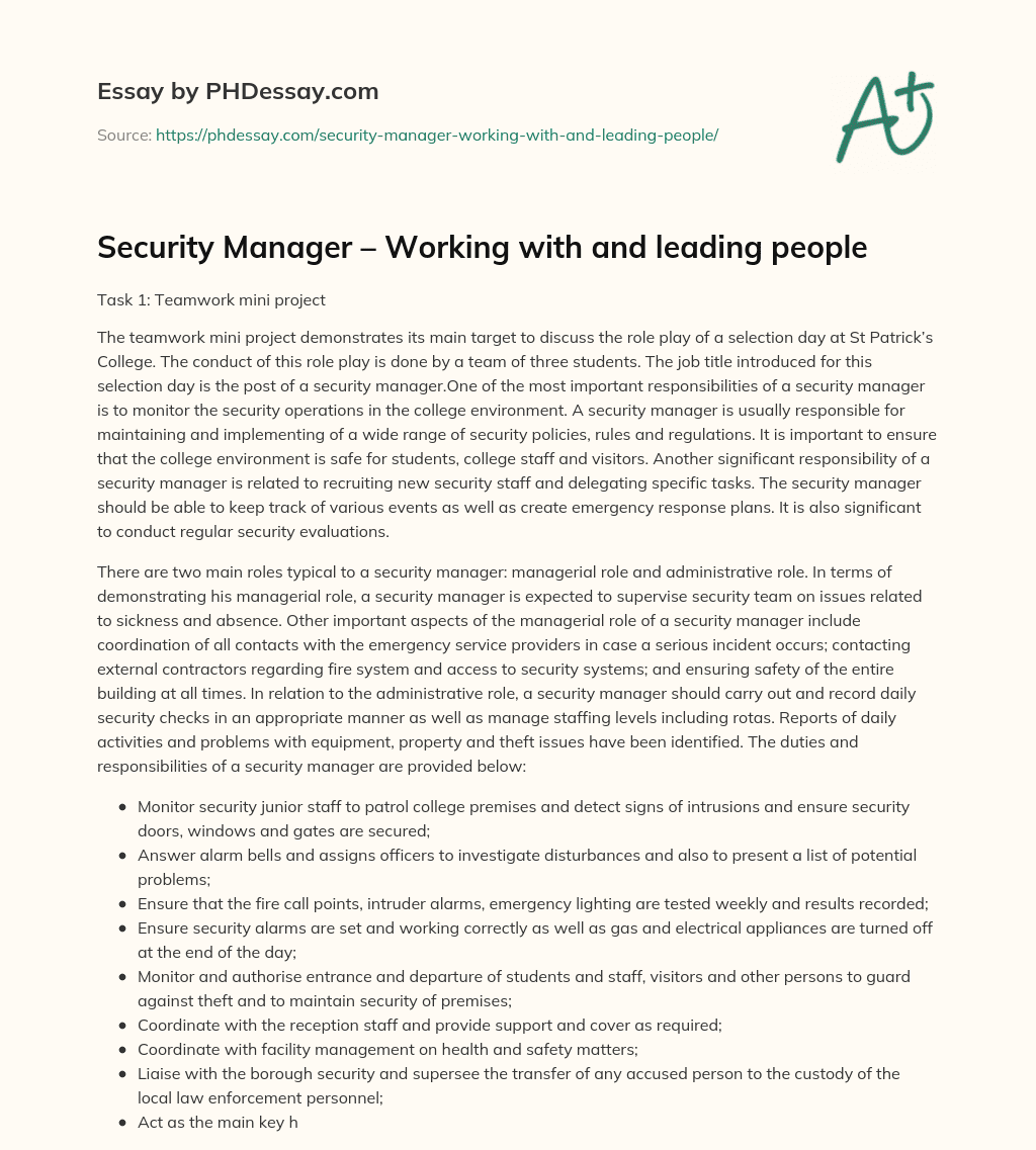 Security Manager – Working with and leading people essay