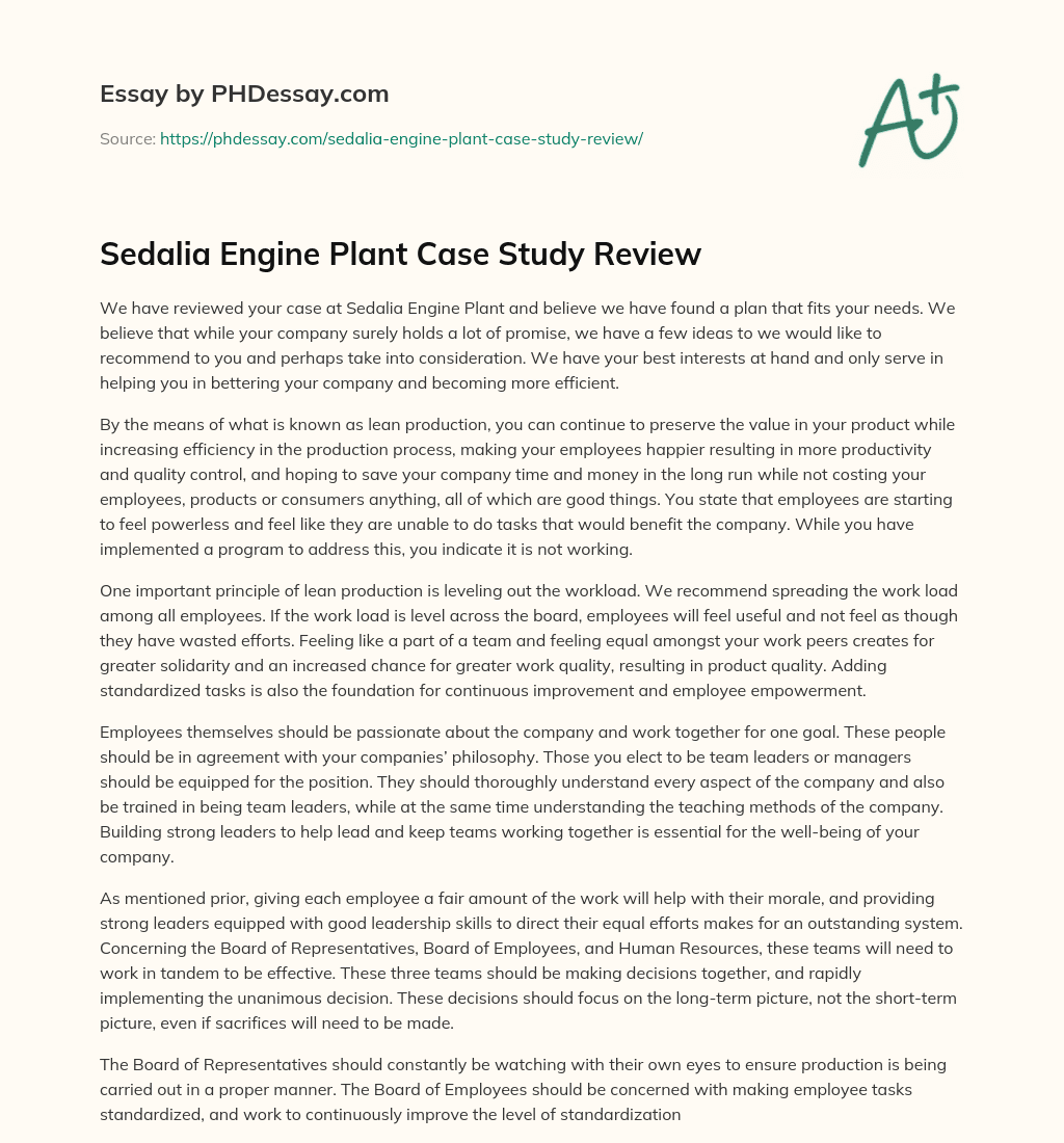 Sedalia Engine Plant Case Study Review essay