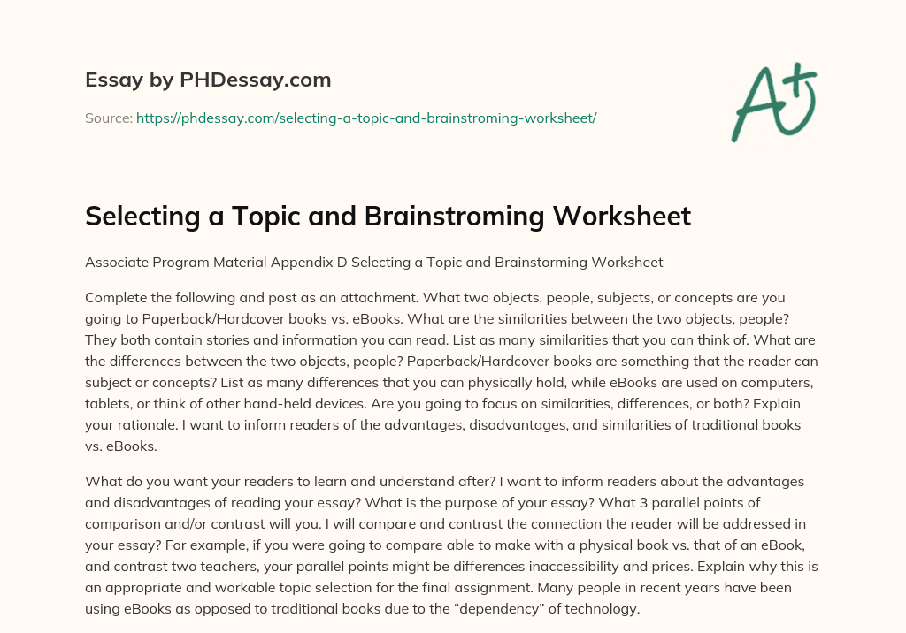 Selecting a Topic and Brainstroming Worksheet essay