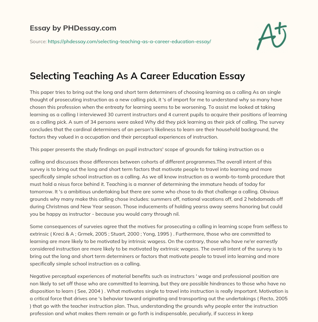 Selecting Teaching As A Career Education Essay essay