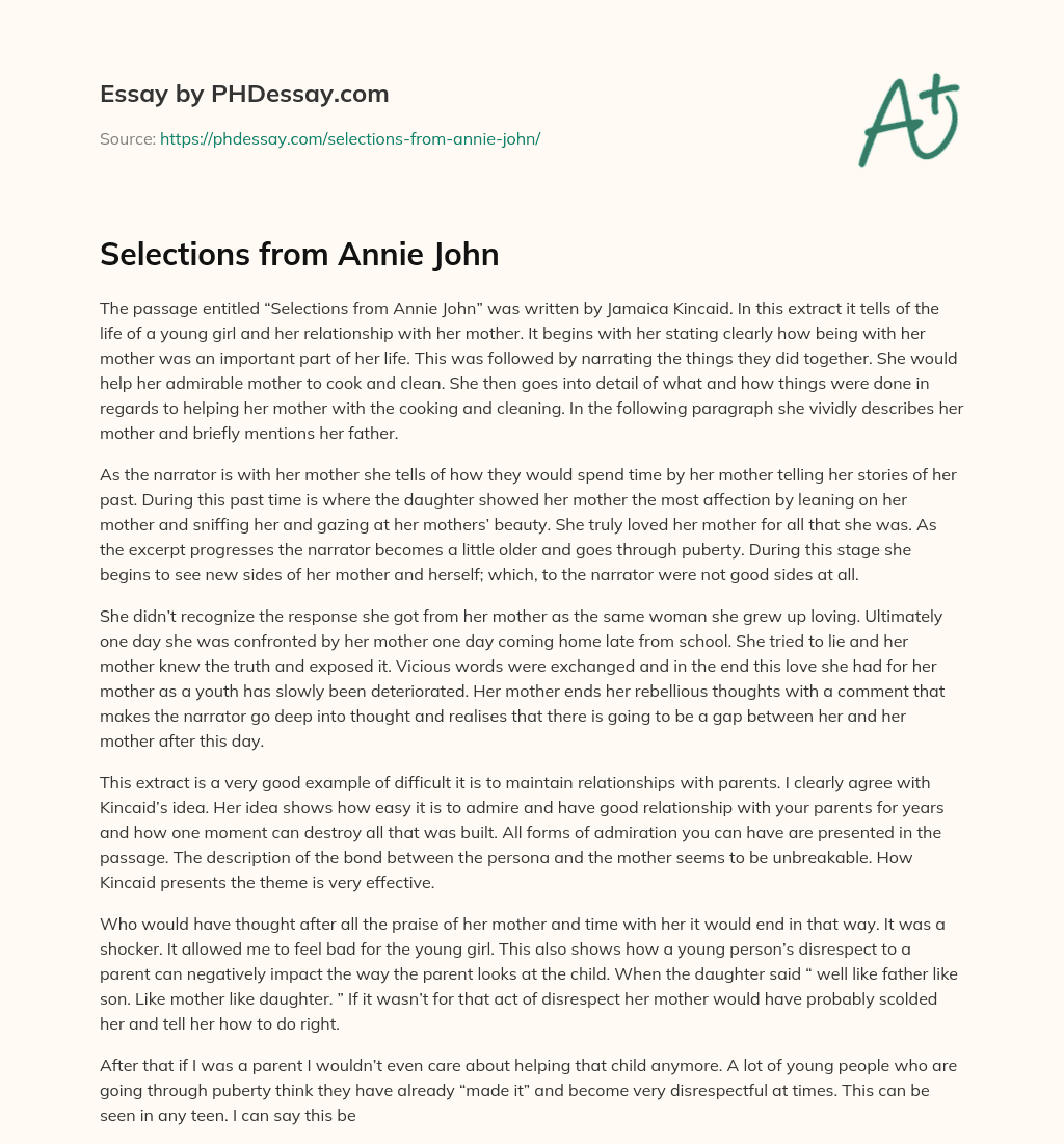 Selections from Annie John essay