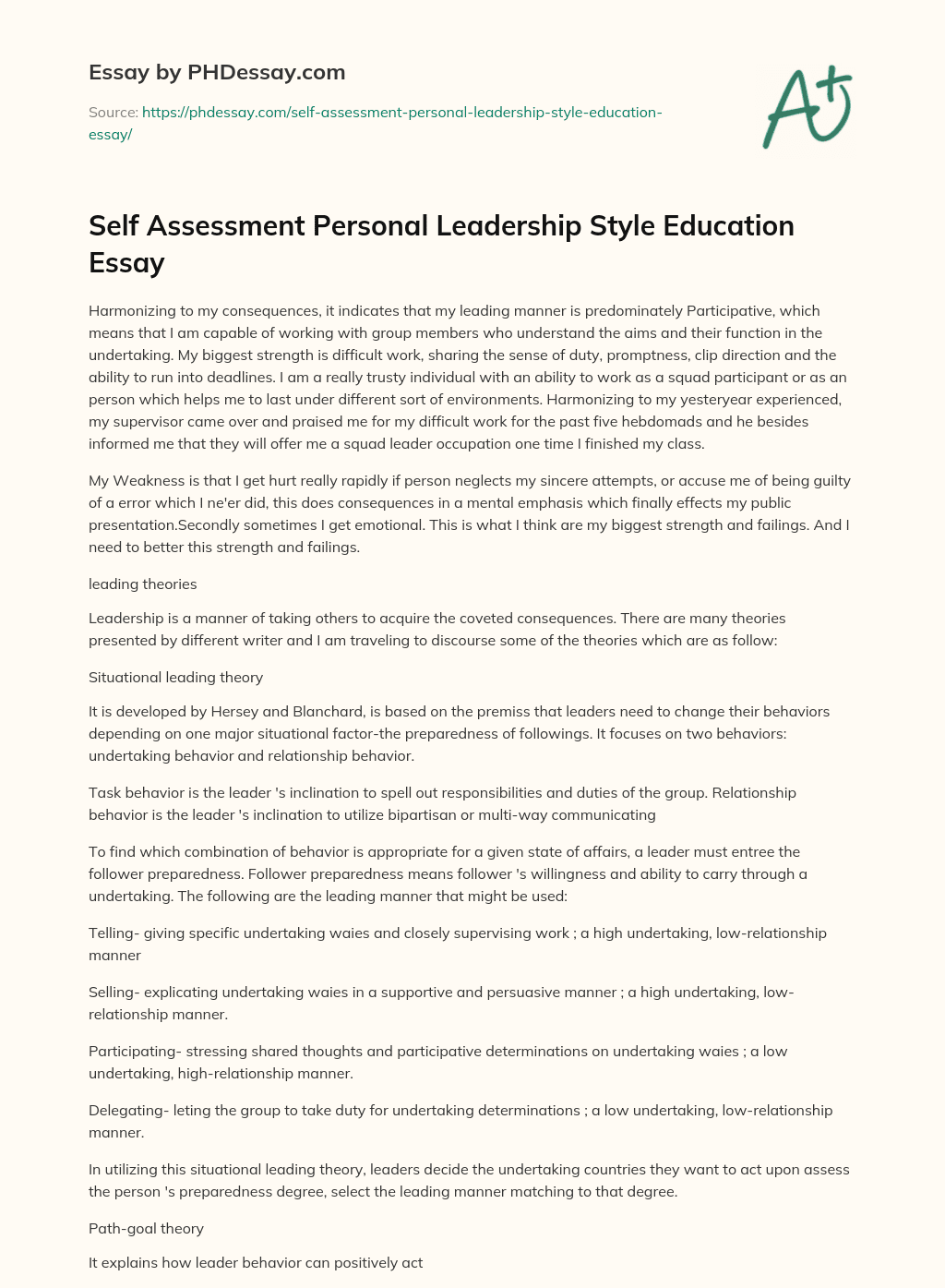 Self Assessment Personal Leadership Style Education Essay essay