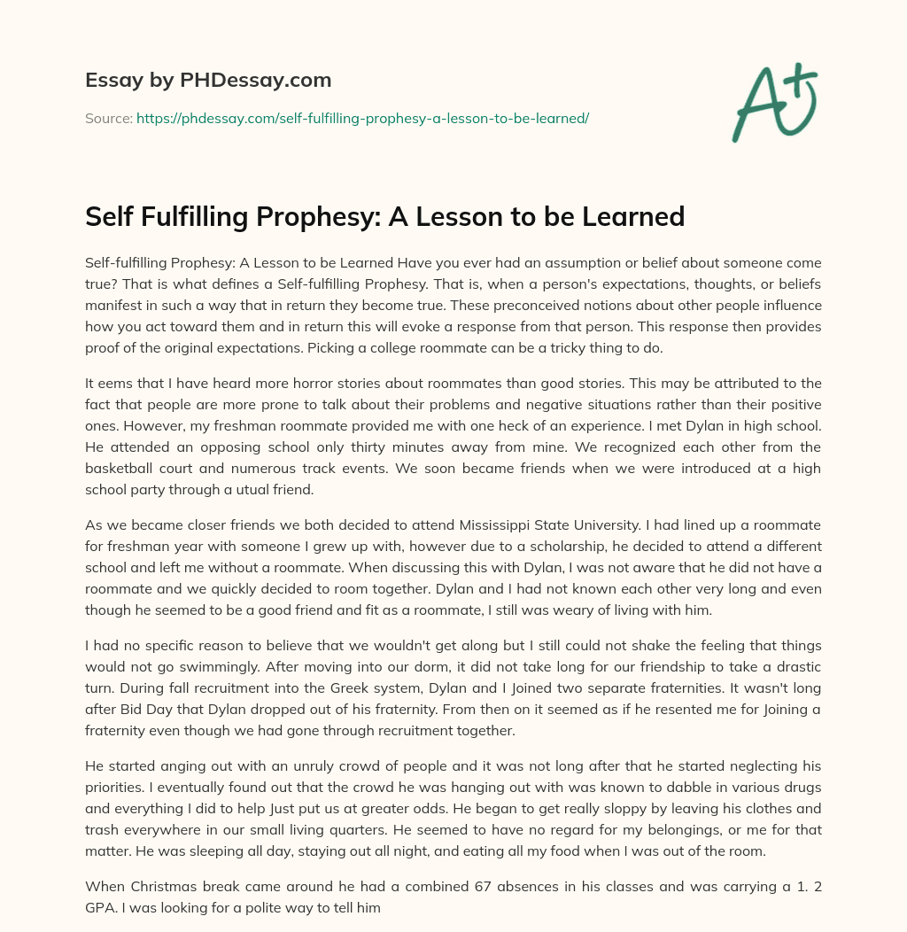 Self Fulfilling Prophesy: A Lesson to be Learned essay