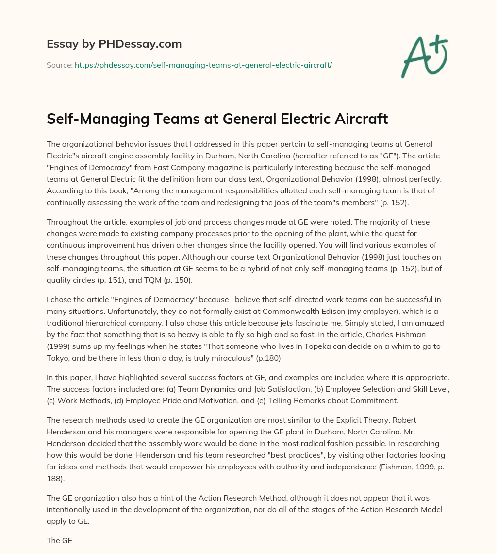 Self-Managing Teams at General Electric Aircraft essay