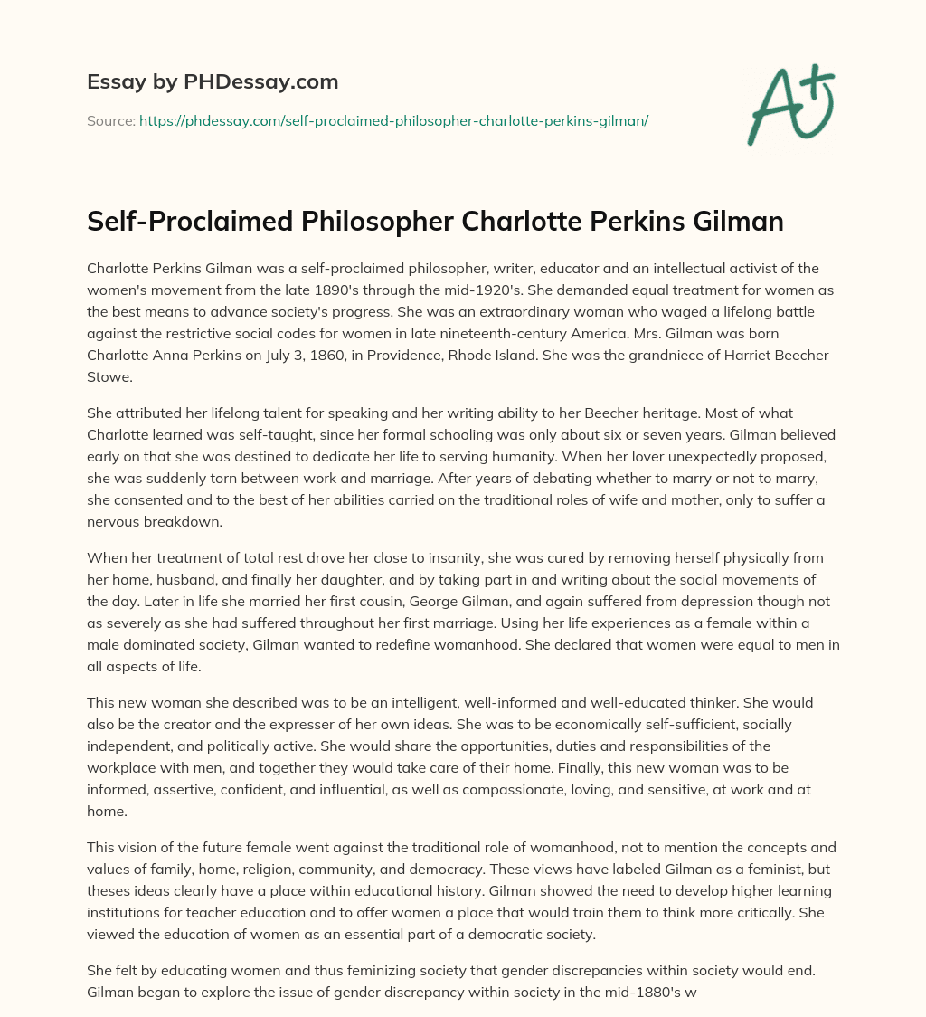 Self-Proclaimed Philosopher Charlotte Perkins Gilman essay