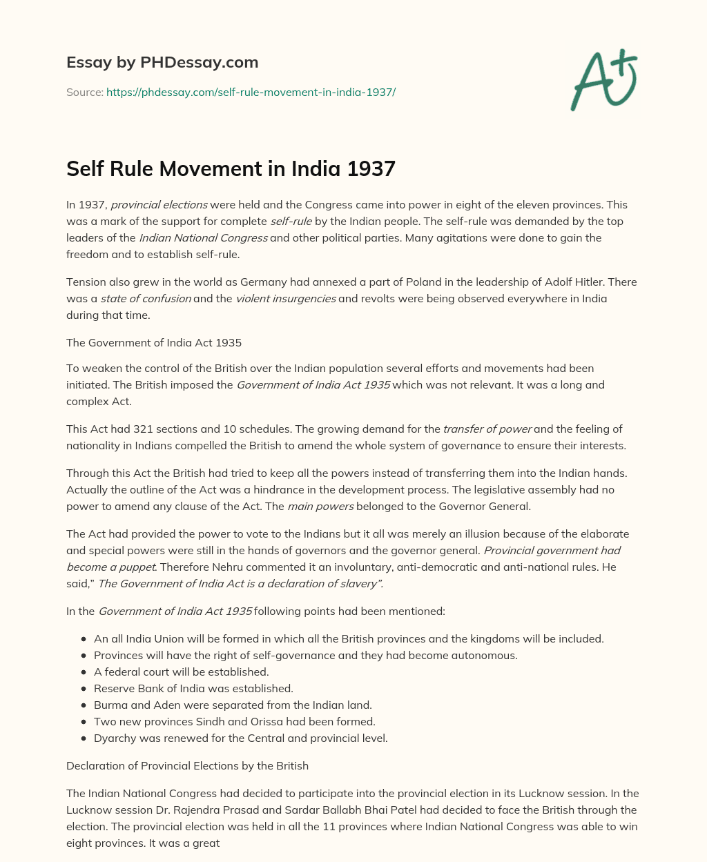 Self Rule Movement in India 1937 - PHDessay.com