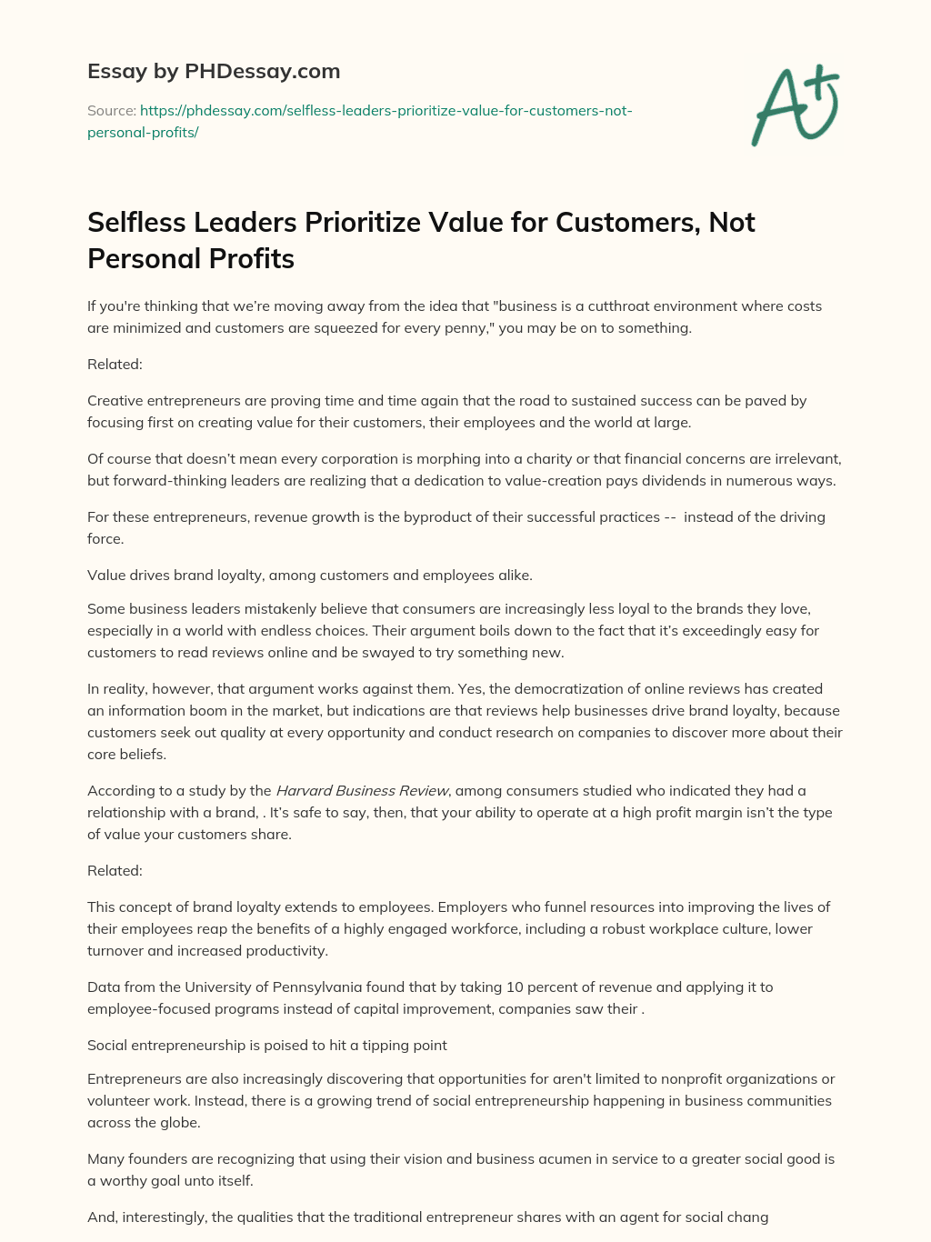 Selfless Leaders Prioritize Value for Customers, Not Personal Profits essay