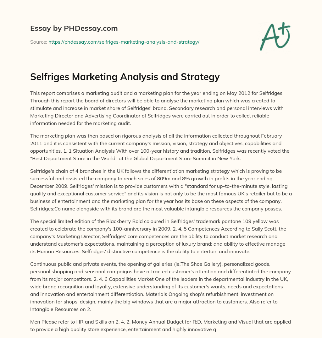 Selfriges Marketing Analysis and Strategy essay