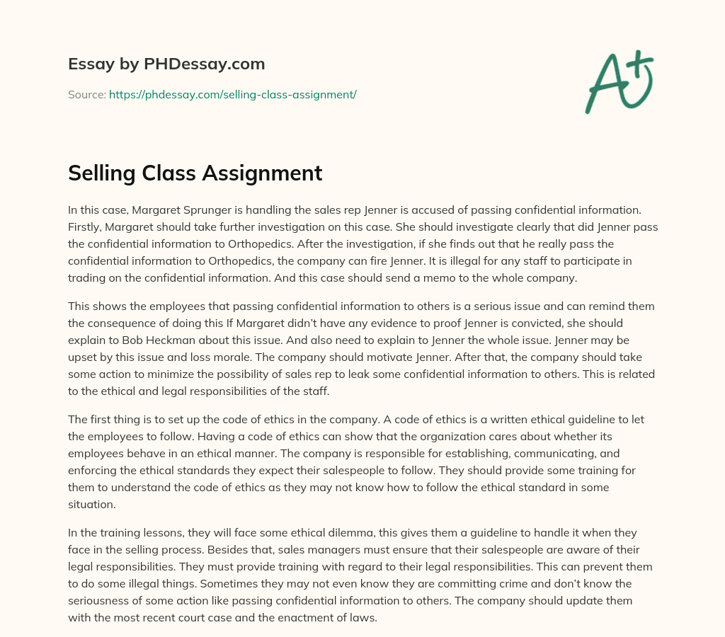 Selling Class Assignment essay