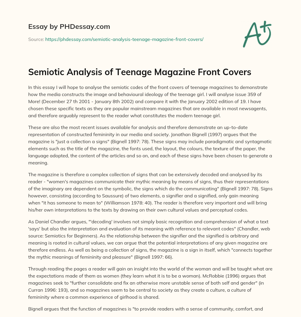 Semiotic Analysis of Teenage Magazine Front Covers essay