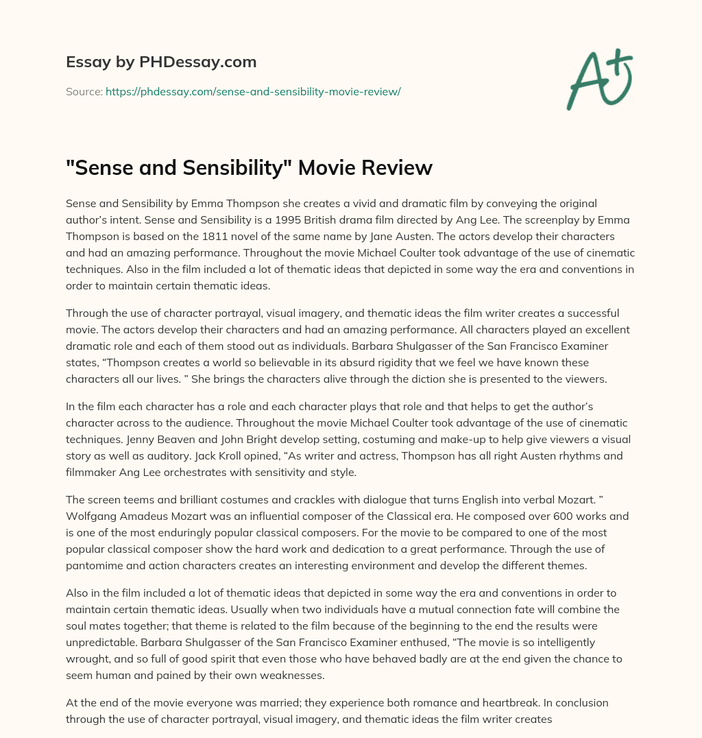 “Sense and Sensibility” Movie Review essay
