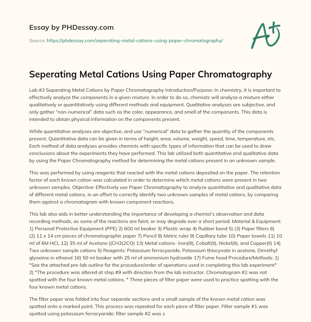 Seperating Metal Cations Using Paper Chromatography essay