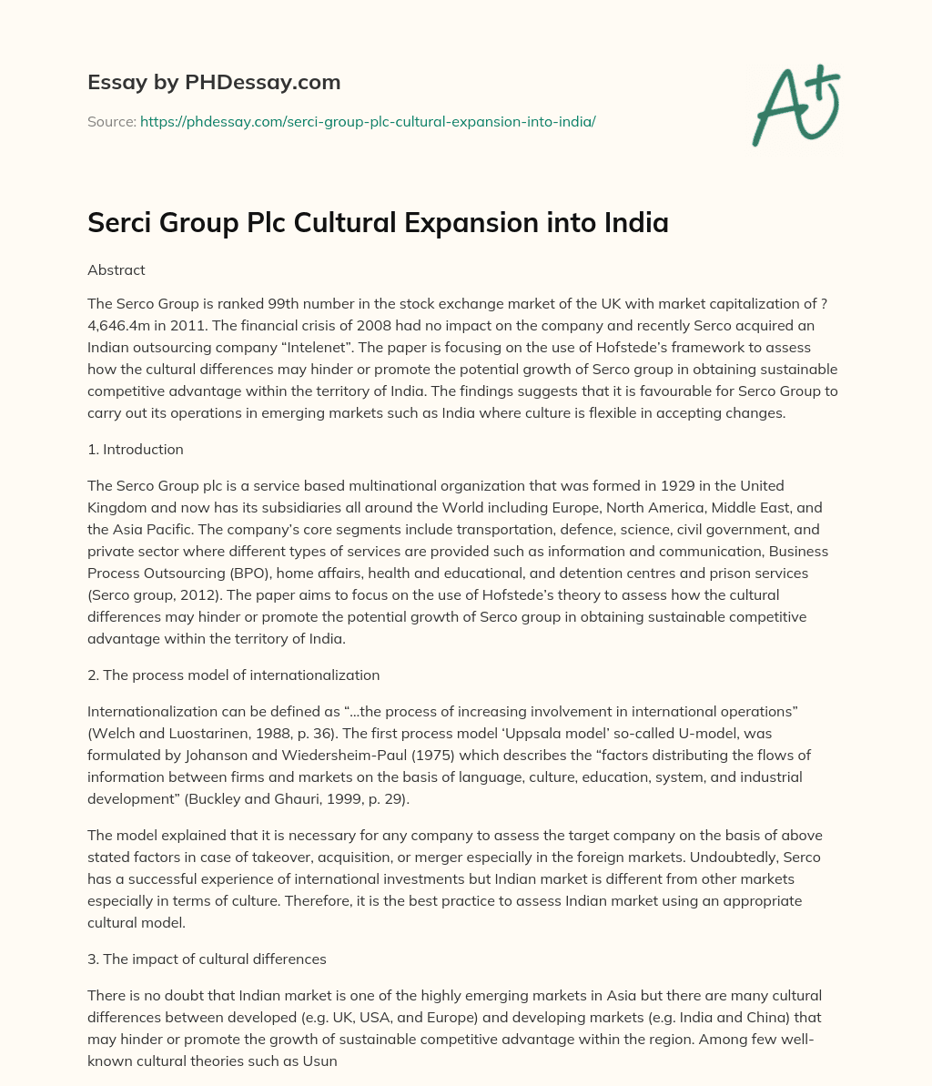 Serci Group Plc Cultural Expansion into India essay