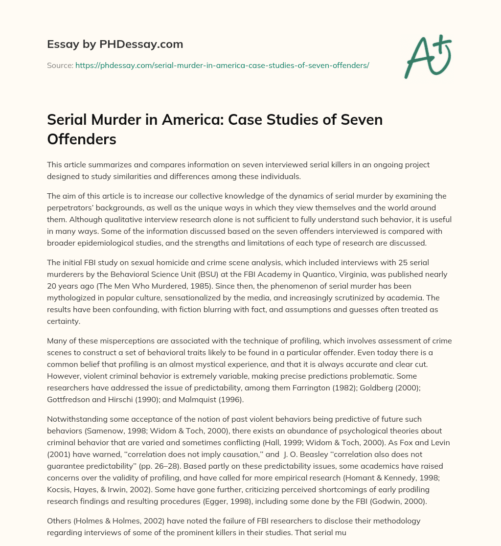 Serial Murder in America Case Studies of Seven Offenders