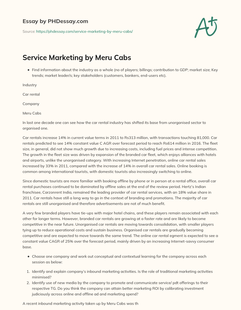 Service Marketing by Meru Cabs essay