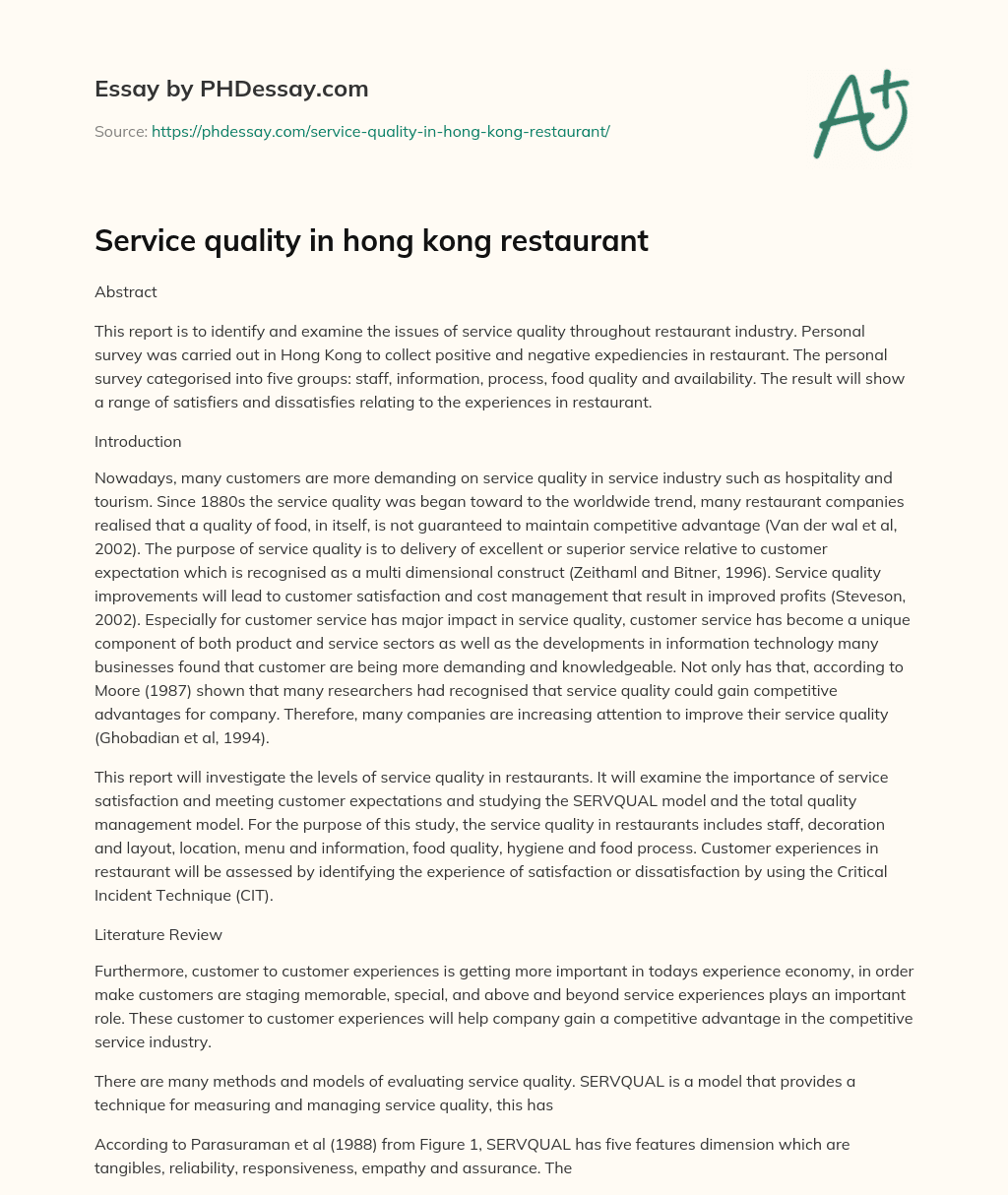 Service quality in hong kong restaurant essay