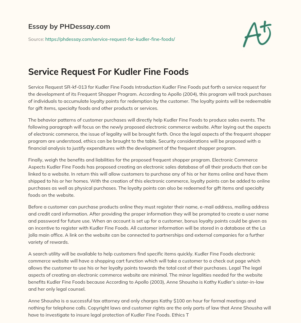 Service Request For Kudler Fine Foods essay
