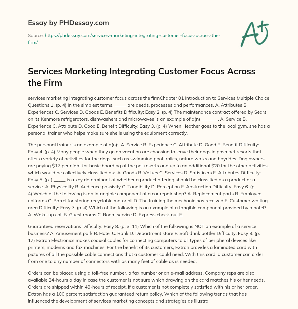 Services Marketing Integrating Customer Focus Across the Firm essay
