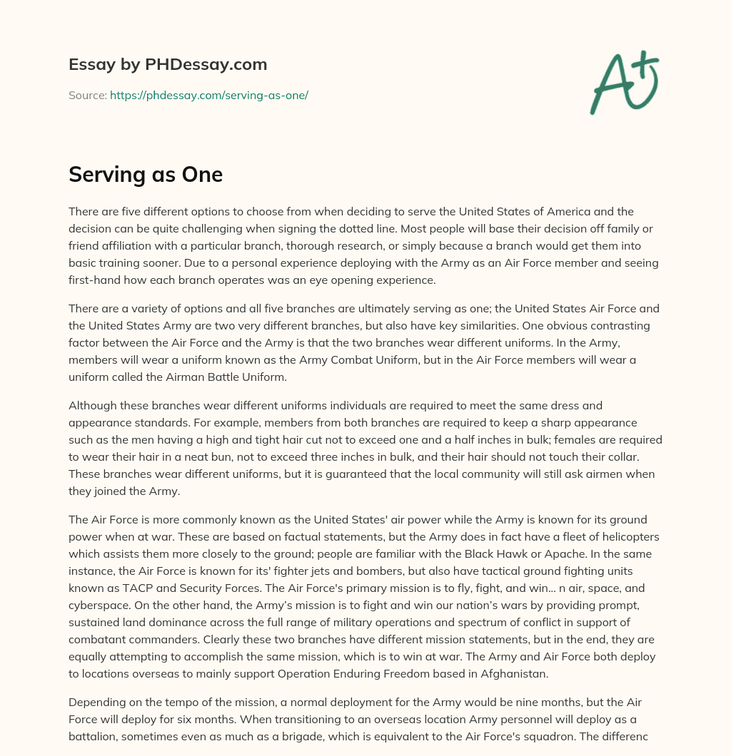 Serving as One essay