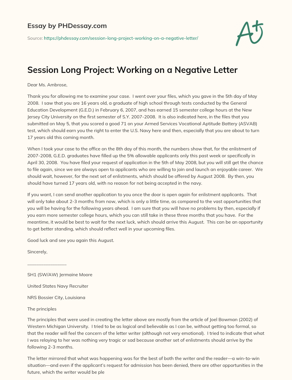 Session Long Project: Working on a Negative Letter essay