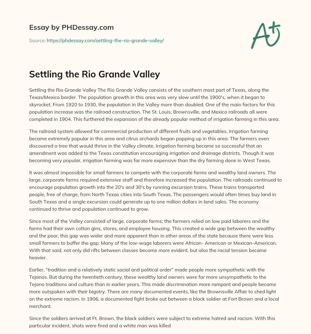 Settling the Rio Grande Valley essay