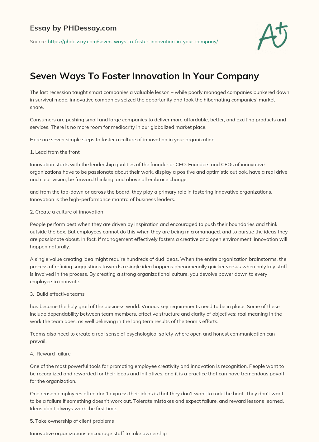 Seven Ways To Foster Innovation In Your Company essay