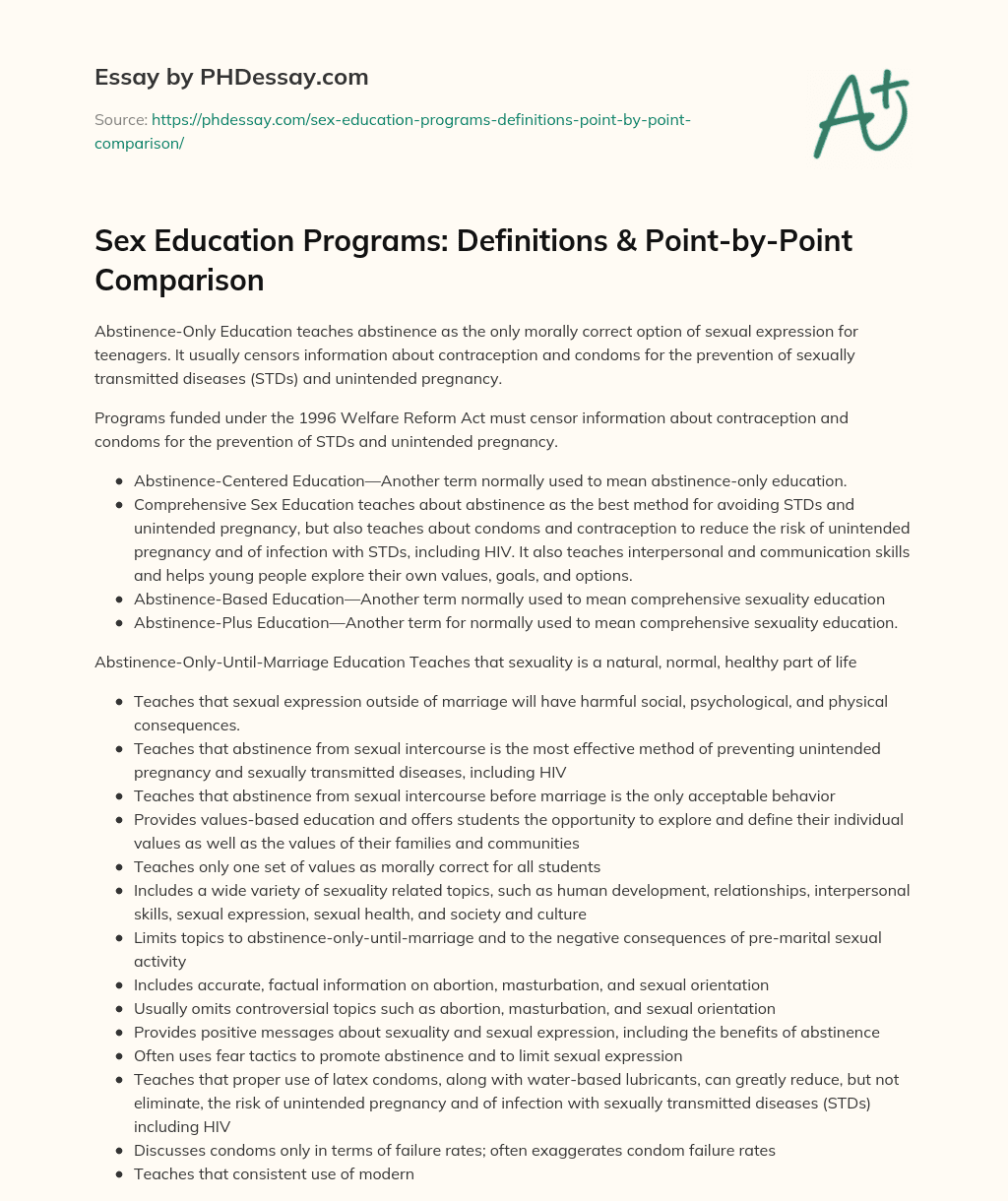 Sex Education Programs: Definitions & Point-by-Point Comparison essay