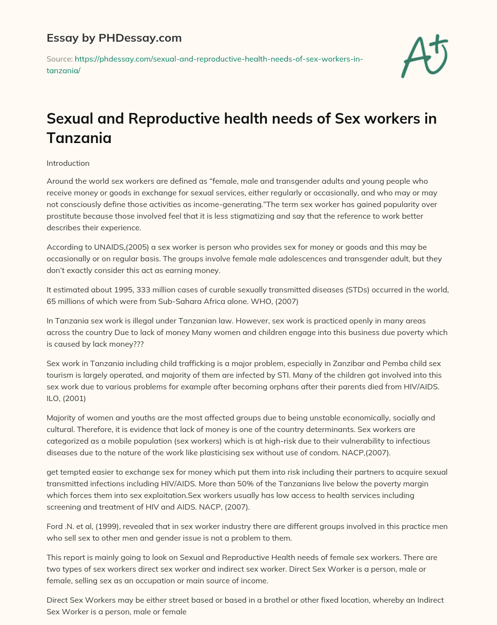Sexual and Reproductive health needs of Sex workers in Tanzania essay