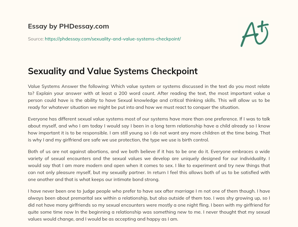 Sexuality and Value Systems Checkpoint essay
