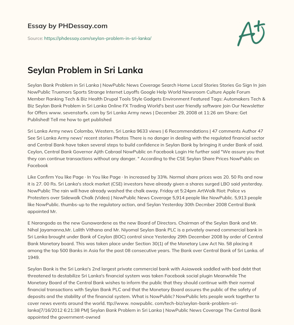 Seylan Problem in Sri Lanka essay