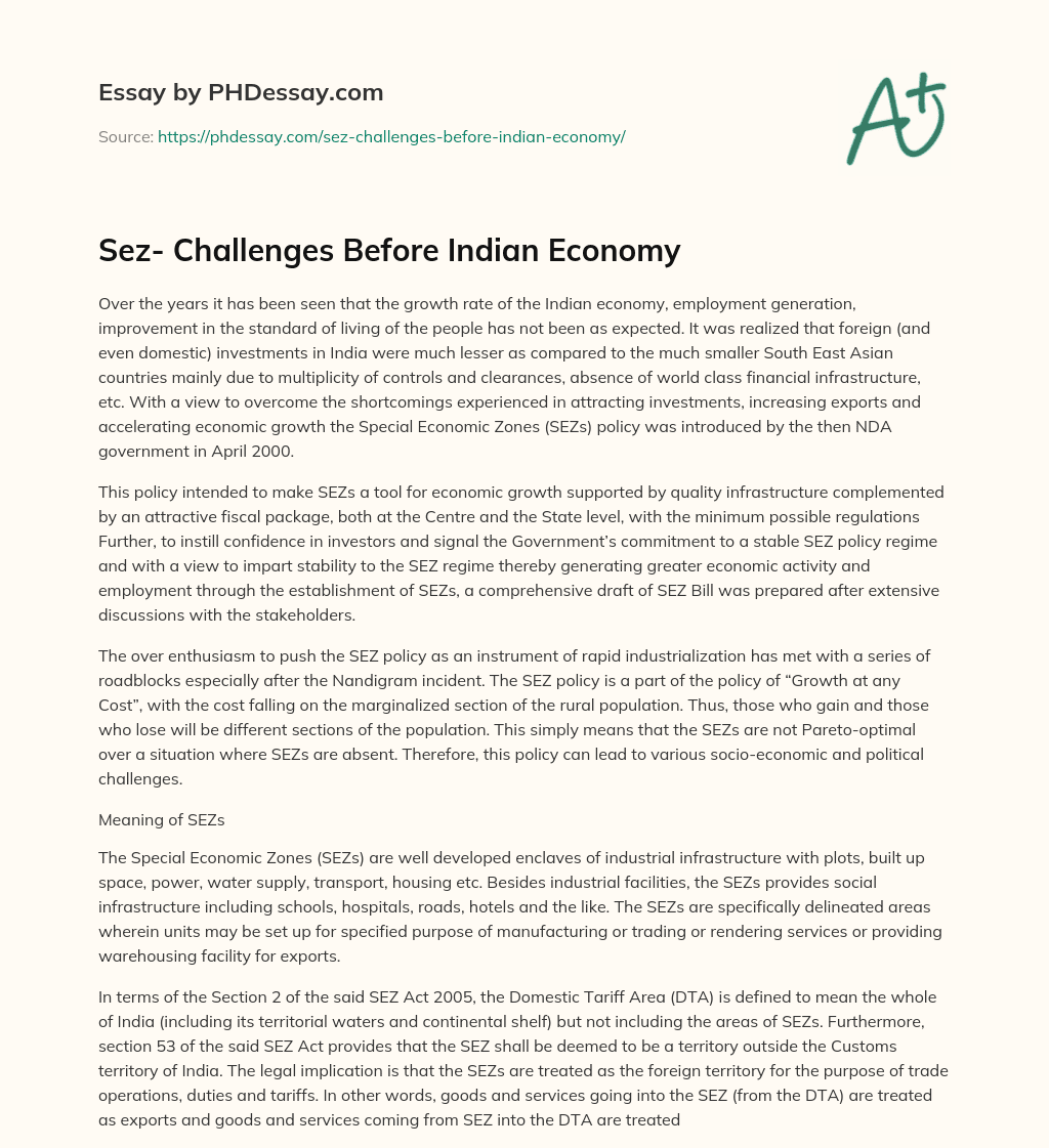 Sez- Challenges Before Indian Economy essay